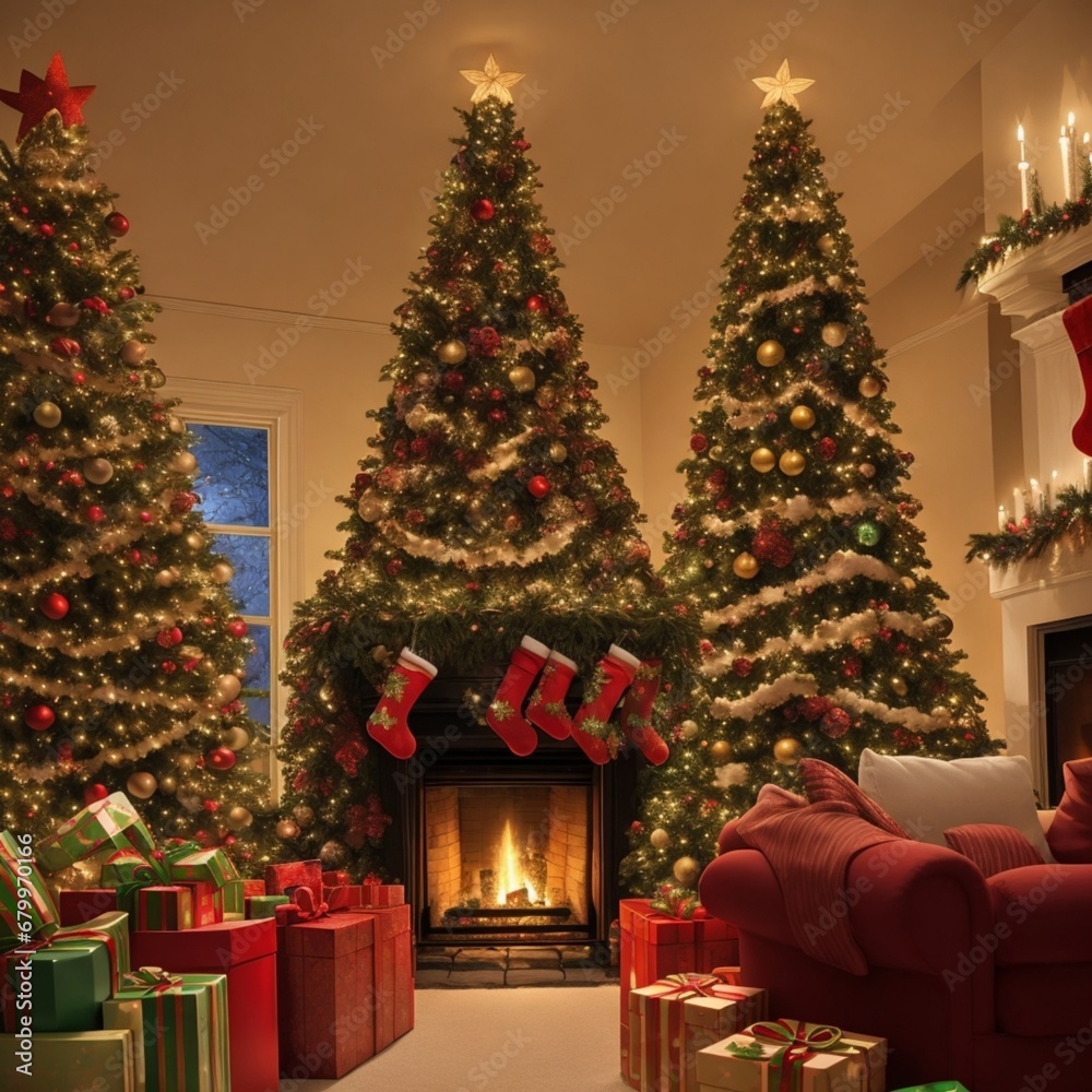 christmas tree with gifts , decorated christmas tree ,christmas tree and fireplace ,fireplace with christmas decorations