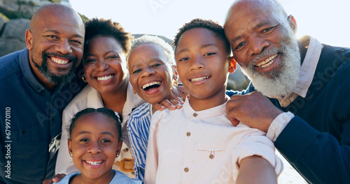 Happy family, generations and beach for selfie on summer vacation, adventure and memory together with love. Black people, portrait or smile on face, care relax or peace wellness in bali on holiday