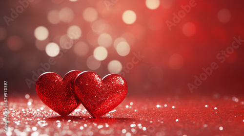 2 red glitter hearts with sparkle background. Banner background
