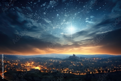Christmas night. Comet star in night starry sky of Bethlehem. Nativity scene. Jesus Christ birth. The star shines over the manger of Jesus Christ.