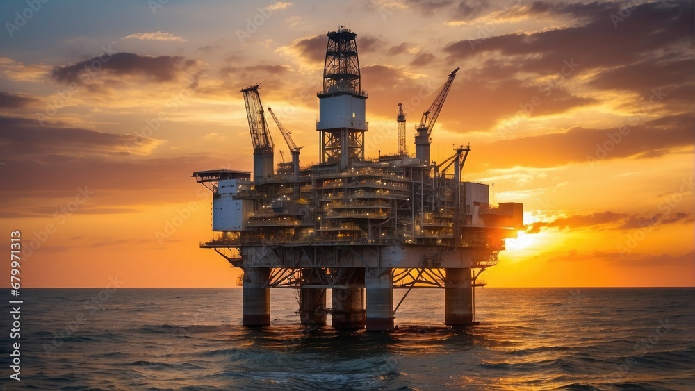 oil drilling rig at sunset time in the ocean