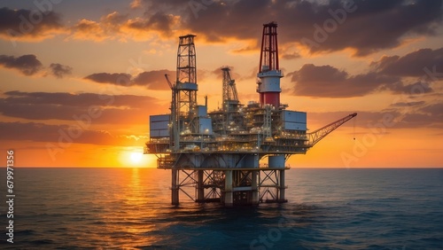 oil drilling rig at sunset time in the ocean