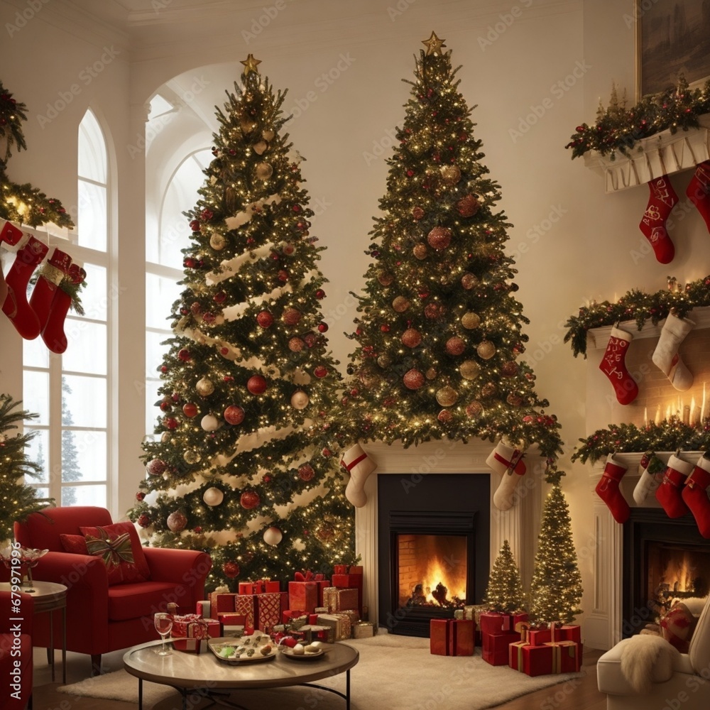 christmas tree and fireplace, christmas tree and decorations