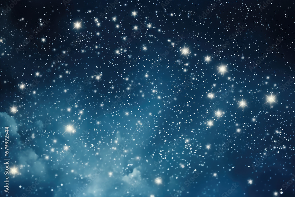 Fototapeta premium Festive starry sky background with blue light bokeh. New year and Christmas concept