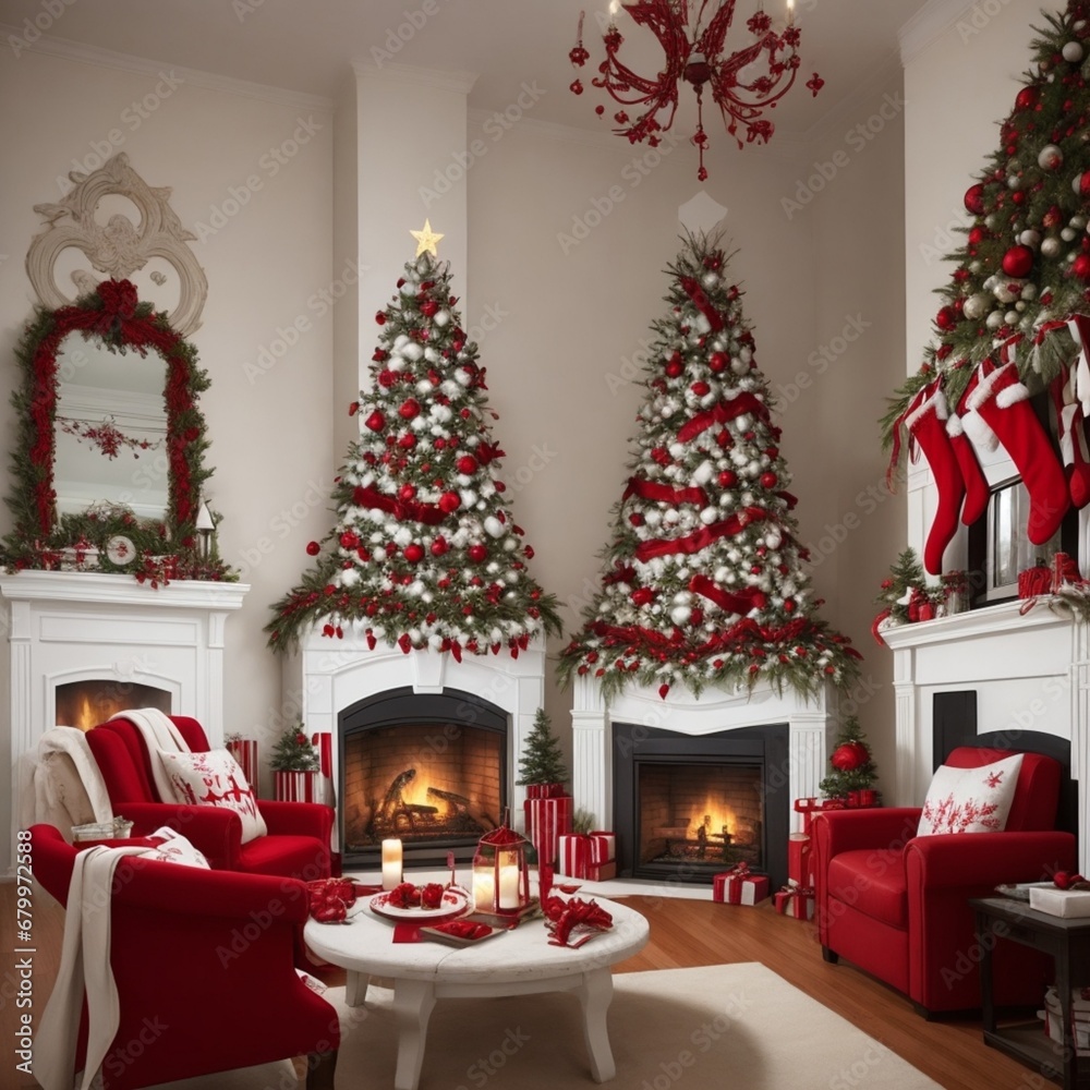 christmas tree and fireplace, christmas tree and decorations