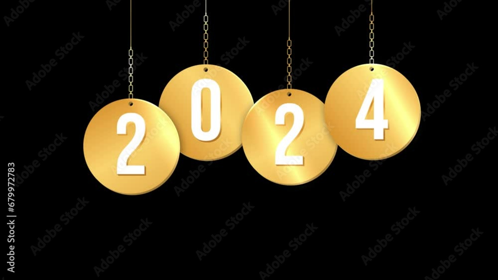 hanging golden pin of happy new year 2024 isolated on black background , 4K footage animation hanging golden pin of happy new year 2024 isolated on black background , 4K footage animation