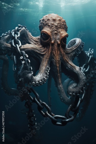 An octopus is chained to a chain in the ocean. Generative AI.