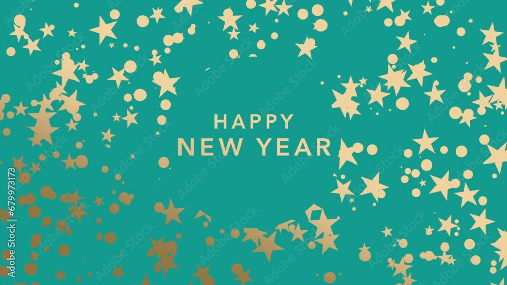 Happy New Year with gold stars and confetti in winter time, motion holidays and winter style background for New Year and Merry Christmas