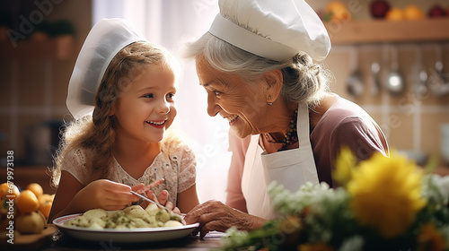 Candid photo of a contented grandmother in a chef’s hat and apron teaches to cook a cheerful granddaughter in a modern kitchen photo