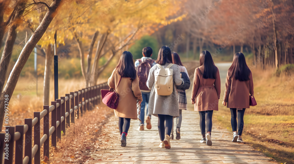 Back view of group of young woman with backpack walking in a park on her way to class