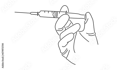 line art of gloved hand holding syringe