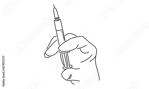 line art of gloved hand holding syringe