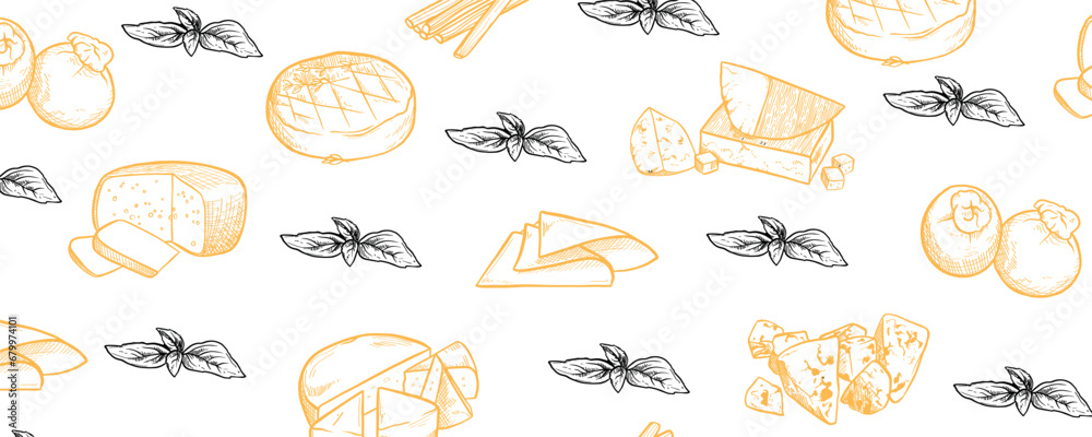 Pattern for design with different cheese and basil leaves on white background