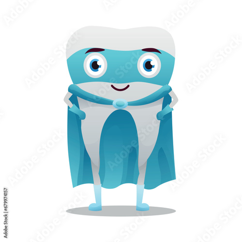 Funny tooth in superhero costume on white background