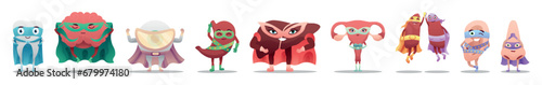 Set of funny human organs and body parts in superhero costumes on white background
