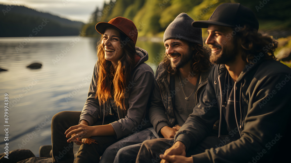 Group of friends having fun near a lake, laughing and drinking outdoor on sunny days