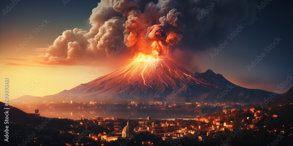 volcanic eruption on the island, fire and lava, a lot of smoke, natural disaster and catastrophe - obrazy, fototapety, plakaty 