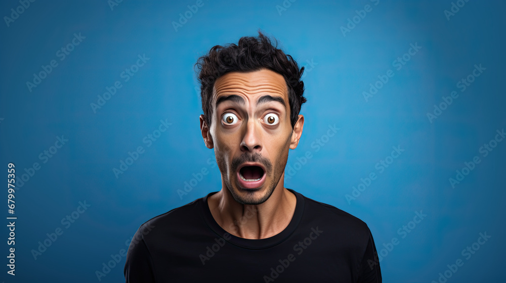 Funny surprised man with a goofy face wearing black t-shirt isolated on blue background Funny surprised man with a goofy face wearing black t-shirt isolated on blue background