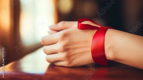 Red ribbon on the wrist. Concept of blood donor, world cancer day, human trafficking, AIDS awareness photo