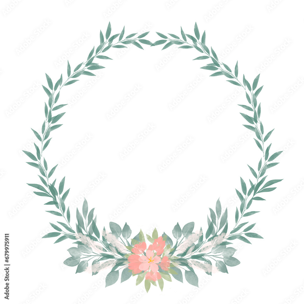 illustration of a Christmas wreath frame made from watercolor leaves and flowers isolated on a transparent background