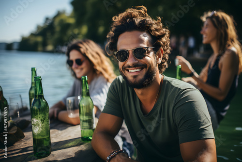 Group of friends having fun near a lake, laughing and drinking outdoor on sunny days