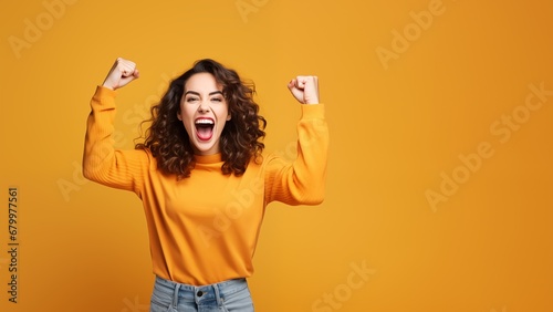 young girl rejoices.  advertising banner with space for text