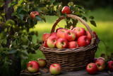 Apples in basket, with apple tree garden