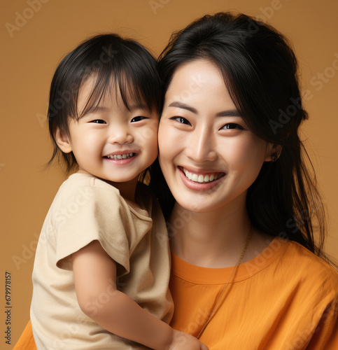 Fashion smiling mother holding her kid on solid color background, love concept