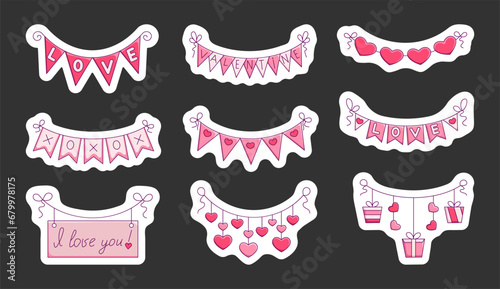 Garland of hearts. Sticker Bookmark. Valentines Day decoration. Love and romance. Hand drawn style. Vector drawing. Collection of design elements.