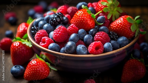 A bowl of colorful mixed berries  including strawberries  blueberries  and raspberries