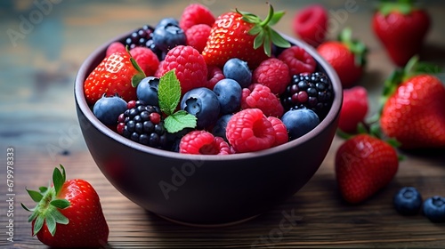 A bowl of colorful mixed berries, including strawberries, blueberries, and raspberries photo