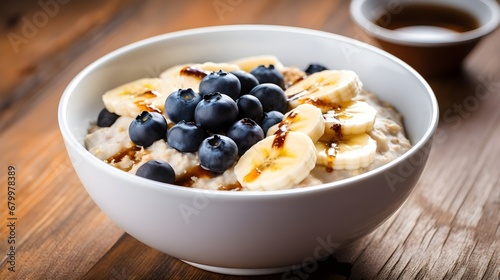 A bowl of oatmeal topped with sliced bananas, blueberries, and a drizzle of honey