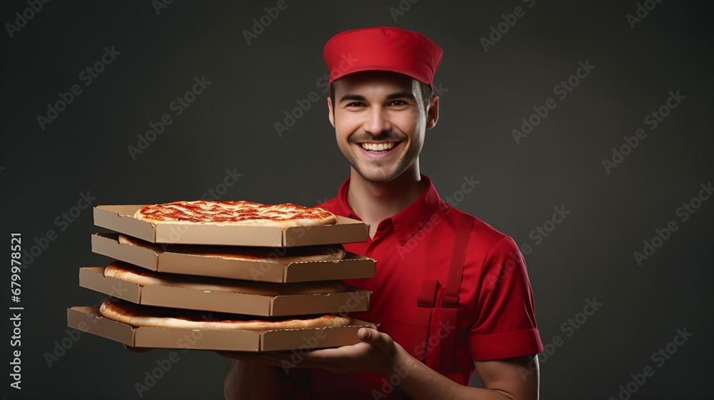 A cheerful food delivery person holding a stack of pizza boxes A cheerful food delivery person holding a stack of pizza boxes