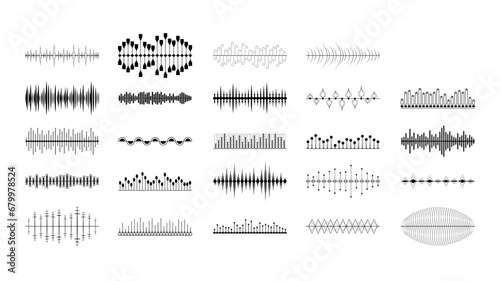 Set Black Collection Abstract Elements Audio Waves Voice Sound Music Shapes Vector Design Style