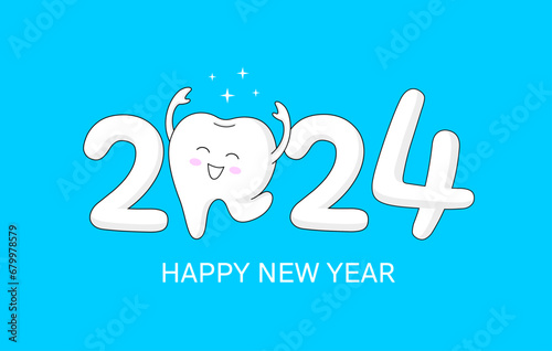 Cartoon tooth character with 2024 New Year sign. Vector illustration for New Year celebration.