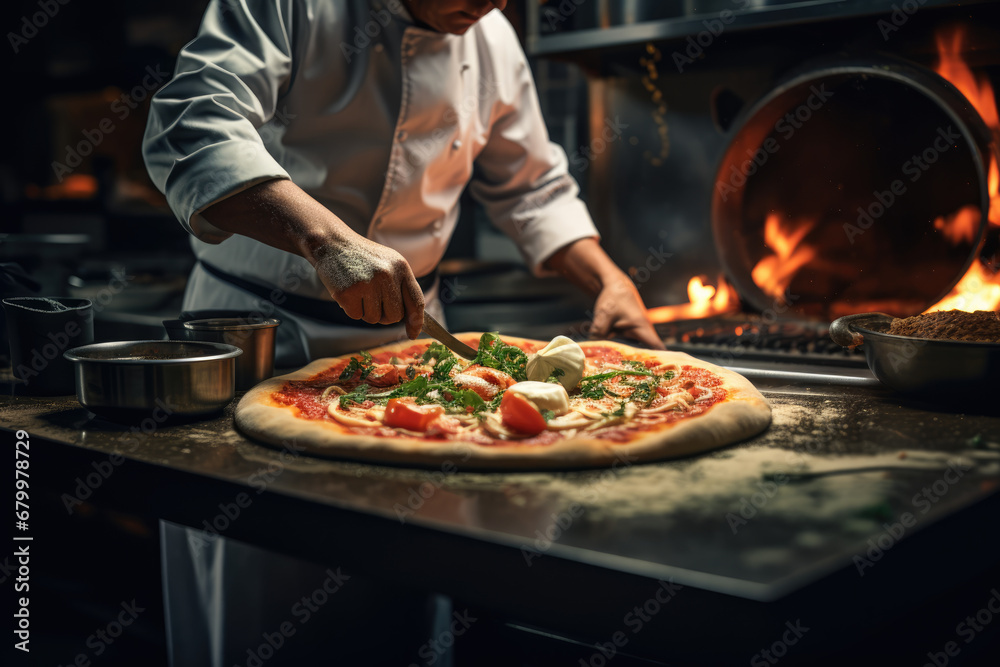 A chef is making pizza