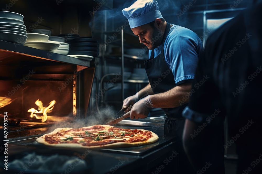 A chef is making pizza - obrazy, fototapety, plakaty 