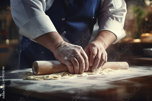A chef is using a rolling pin to flatten dough photo