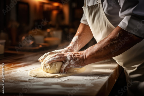 A chef is using a rolling pin to flatten dough photo