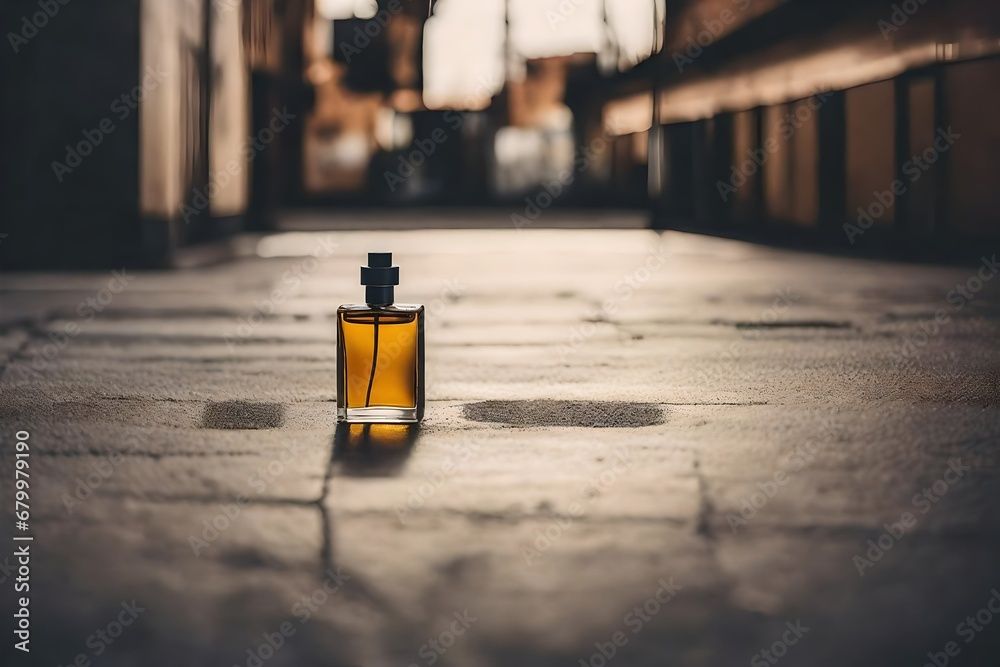 amber colroed pefume bottle on  old street pavement  sidewalk - obrazy, fototapety, plakaty 