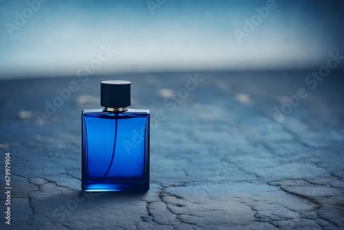 blue colroed pefume bottle on concrete street ground
