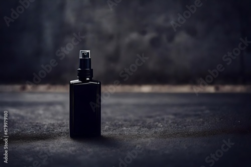 black pefume bottle on old street stone pavement floor