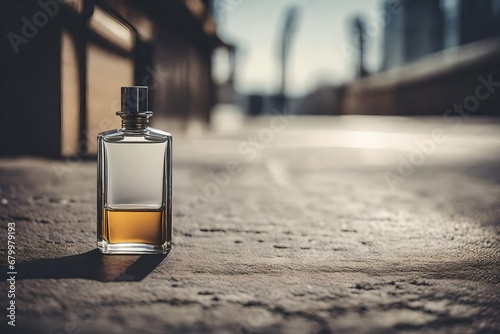 amber colroed pefume bottle on old street pavement sidewalk