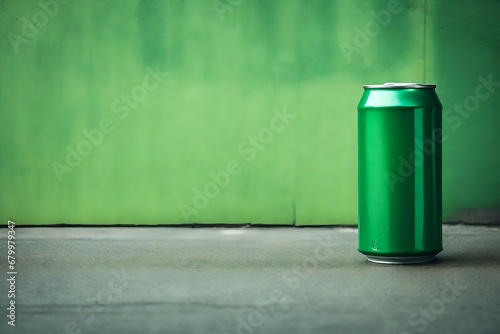green colored regular 33cl beverage canin front of concrete wall background , blank packaging advertising template