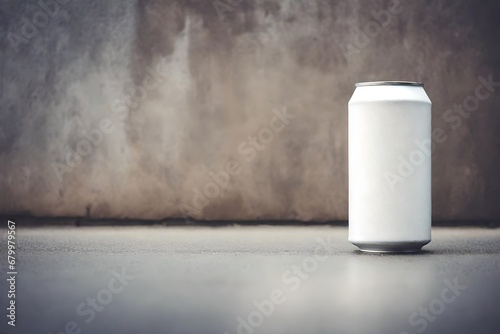 white beverage can with blank packaging design in front of a concrete wall background , advertising template