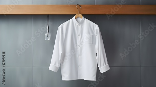 A crisp white chef's jacket hanging neatly on a stainless steel kitchen hook,