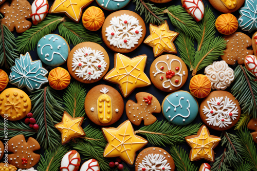 Christmas cookies and pine branches as a colorful Christmas background