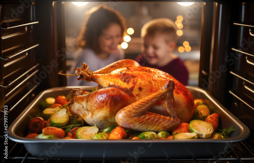 Mother and daughter look at the stuffed Thanksgiving turkey in the oven for Thanksgiving or Christmas dinner with various vegetables. Cooked at home. View from inside the oven. photo