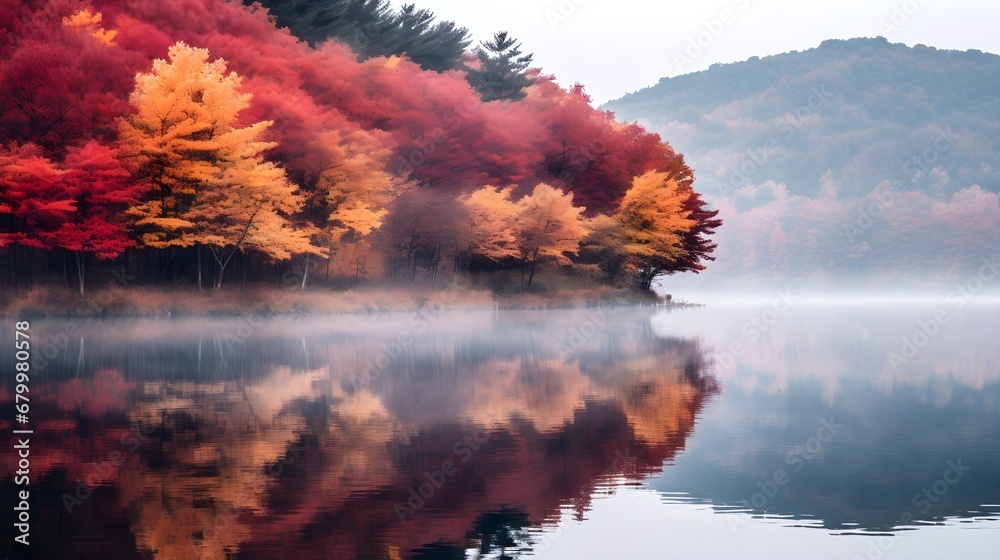 A peaceful lake surrounded by autumn foliage provided a perfect reflection,