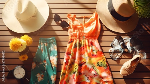 A neatly laid-out assortment of summer dresses, sunglasses, and sandals